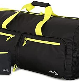 Amazon Brand - Eono 90L Foldable Travel Duffle Bag Hold All Travel Luggage Bag Holiday Bag with Multi-Pockets for Women Men (Black+Yellow)