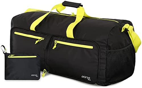 Amazon Brand - Eono 90L Foldable Travel Duffle Bag Hold All Travel Luggage Bag Holiday Bag with Multi-Pockets for Women Men (Black+Yellow)