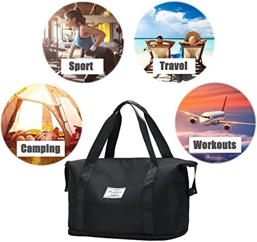 Travel Duffel Bag, 36L Weekend Bag with Trolley Sleeve, Dry&Wet Seperated Large Tote Carry on Bag, Waterproof Lightweight Holdall Bags for Women, Sports Gym Bag for Vacation, Sports, Shopping Black