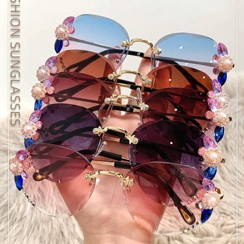 Hsdewd New Vintage Rimless Diamond Sunglasses, Women Oversized Rimless Gradient Diamond Cutting Lens UV Protection Sunglasses (Pink)