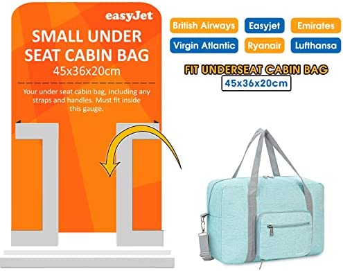 for Airlines Cabin Bag 45x36x20 Underseat Foldable Travel Duffel Bag Holdall Tote Carry on Luggage Overnight for Women and Men 25L (Mint Green (with Shoulder Strap))