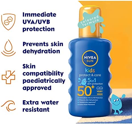 NIVEA SUN Kids Protect & Care Coloured Spray SPF 50+ (200 ml) Sunscreen Spray with SPF 50 Kid's Suncream for Sensitive Skin, Immediately Protects Against Sun Exposure