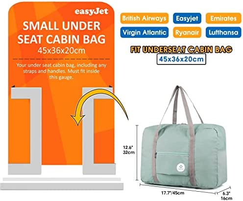 for Easyjet Airlines Cabin Bag 45x36x20 Underseat Foldable Travel Duffel Bag Holdall Tote Carry on Luggage Overnight for Women and Men 25L (Mint Green)