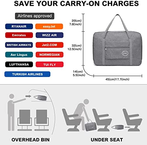 Cabin Bag 45*32*16 for Easyjet Airlines Underseat Foldable Travel Duffel Bag Carry on Hand Luggage Holdall Tote Bag Weekend Overnight Bag for Women Men