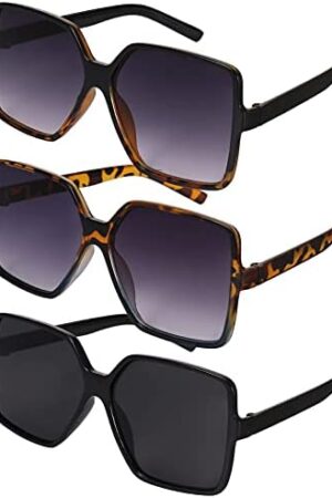 FANTESI 3 Pcs Oversized Rectangle Sunglasses, UV 400 Glasses Retro Square Sunglasses Eyewear for Women