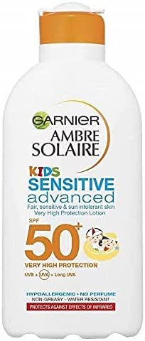 Garnier Ambre Solaire Kids Sensitive Sun Protection Lotion SPF 50+ 200ml, Very High Protection Sunscreen Against UVA & UVB, Moisturising Water Resistant Sun Cream For Face & Body,3 star UVA Protection