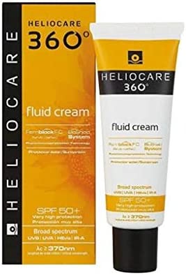 Heliocare 360 Fluid Cream SPF50+ 50ml / Sun Cream For Face/Daily UVA, UVB Visible light and infrared-A Anti-Ageing Sunscreen Protection/Dry and Normal Skin Types/Hydrating