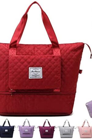 Kikoshop Large Capacity Folding Travel Bag, Multi-Pocket Large Lovtoo Bags, with Dry and Wet Separation Travel Bag, with Shoulder Strap Weekend Bags for Women, Waterproof Overnight Bag for Women(Red)