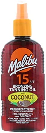Malibu Sun SPF 15 Bronzing Tanning Coconut Oil Spray with Medium Protection, Water Resistant, Tropical Scent, 200ml