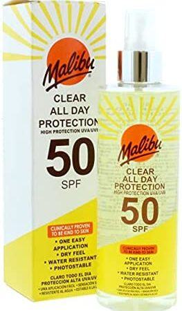 Malibu Sun SPF 50 Clear Spray Sunscreen, High Protection, Dry Feel, Water Resistant, 250ml