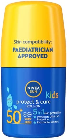 NIVEA SUN Kids Protect & Care Caring Roll-On (50 ml) Sunscreen with SPF 50, Roll-On Kids Suncream for Delicate Skin, Immediately Protects Against Sun Exposure