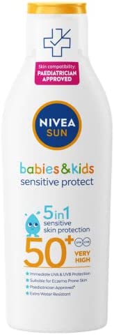 NIVEA SUN Kids Protect & Sensitive Sun Lotion Sunscreen with SPF 50+, Kids Suncream for Sensitive Skin, Immediately Protects Against Sun Exposure,200 ml (Pack of 1)