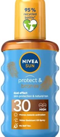NIVEA SUN Protect & Bronze Oil Spray (200 ml), SPF 30 Sun Oil with Natural Tan Accelerator Formula, Water-Resistant Sun Spray, Immediate Protection and Non-Greasy