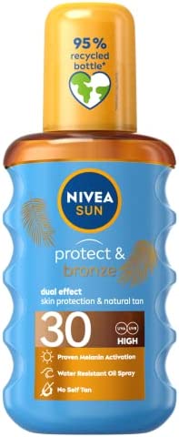 NIVEA SUN Protect & Bronze Oil Spray (200 ml), SPF 30 Sun Oil with Natural Tan Accelerator Formula, Water-Resistant Sun Spray, Immediate Protection and Non-Greasy