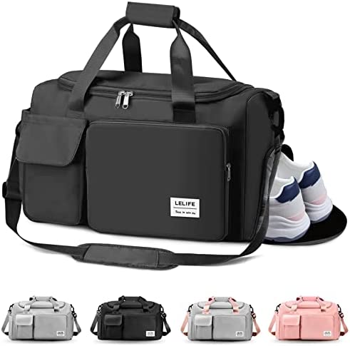 Gym Bag, Travel Bag with Wet Pocket, Portable Overnight Bags for Women, Waterproof Lightweight Holdall Bags for Men, Weekender, Vacation(Black)