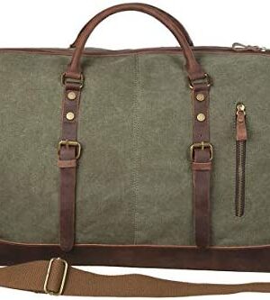 S-ZONE 52L Large Canvas Genuine Leather Trim Travel Tote Duffel Shoulder Weekend Bag Unisex Weekender Overnight Carryon Handbag Shoulder Bag