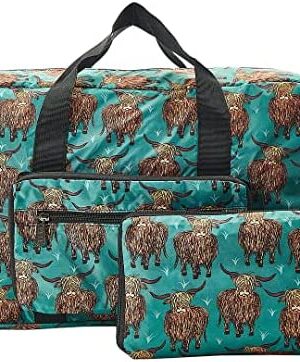 Eco Chic Lightweight Foldable Holdall | Water Resistant Overnight Duffle Bag for Carry on Luggage Sports Gym Weekend Travel | Made from Recycled Plastic Bottles (Highland Cow Teal)