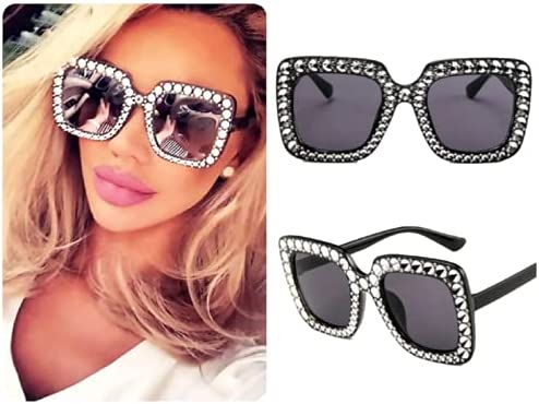 No Name Ltd Black Oversized Crystal Sunglasses Sparkling Rhinestone Square Frame