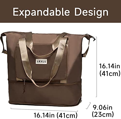 Arxus Large Folding Travel Duffle Bag, Expand Carry On Overnight Tote Bags for Women Airplanes with Luggage Sleeve, Waterproof Gym Weekend Bag with Wet Pocket