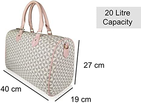 Quenchy London Ladies Travel Holdall Handbag – Pu Leather Women’s Duffle Bag, Gym Weekend Overnight 40cm x27 x19 - 20 Litre QL317B (Beige Pink)