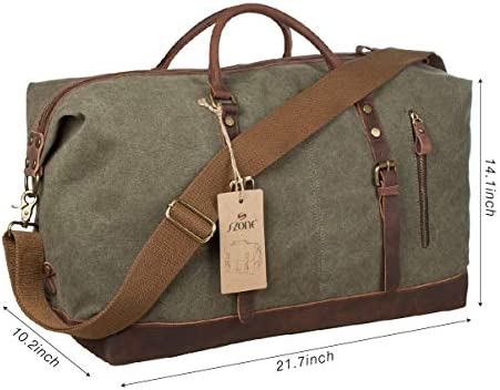 S-ZONE 52L Large Canvas Genuine Leather Trim Travel Tote Duffel Shoulder Weekend Bag Unisex Weekender Overnight Carryon Handbag Shoulder Bag