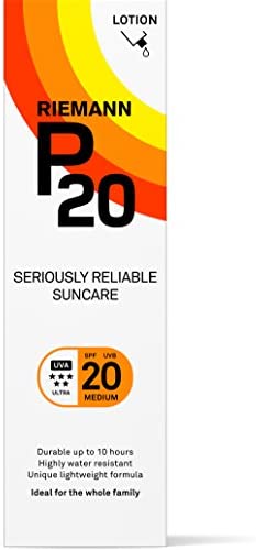 Riemann P20 Once a day Sunscreen SPF20 Cream/Lotion 100ml. Non greasy, hydrating, absorbs fast & long lasting, 5 star UVA & UVB, protection up to 10hrs, water resistant. No fragrance, all day long.