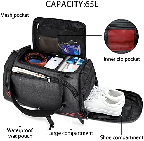 Sports Gym Bag Duffel Bag with Shoes Compartment, Waterproof Large Holdall Bag for Men and Women, 40L 65L Travel Duffel Bag Weekend Bag Black