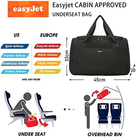 ECOHUB Easyjet Cabin Bag 45x36x20 Underseat Travel Bag Hand Luggage Bag Recycled PET Eco Friendly Overnight Bag Weekend Bag Gym Bag Hospital Bag Carry on Bag Holdall Bag for Women and Men(Black)