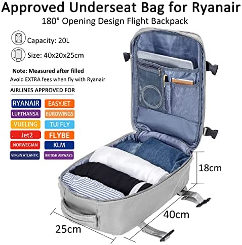 Cabin Bags 40x20x25 Underseat for Ryanair Cabin Luggage Upgraded Carry-ons Bag Women 20L Small Hand Luggage Rucksack Men Travel Backpack Cabin Size Flight Bags for Hiking with Trolley Sleeve,USB Port