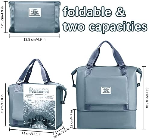 Hrobig Foldable Travel Bag, Large Capacity Sports Bag, Weekender Hand Luggage for Women, Lightweight Clinic Bag with Wet Compartment, blue, Foldable travel bag