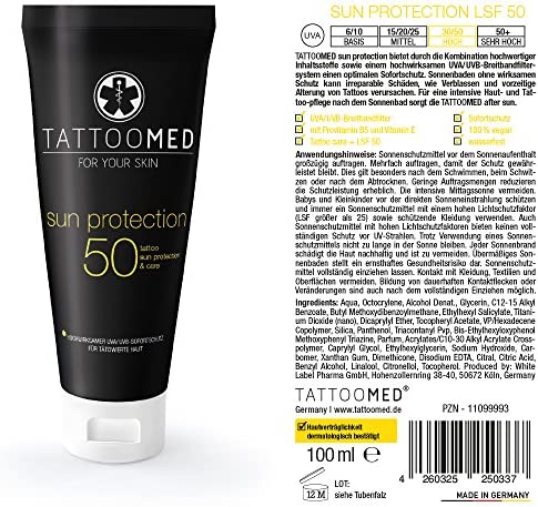 TattooMed Sun Protection FPS50 - Sun Cream For Protecting Sensitive Tattoos from Intense Solar Radiation - (1 x 100ml)