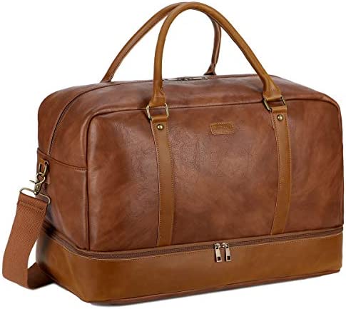 BAOSHA Faux Leather Travel Holdall Carry On Weekender Bag Overnight Travel Duffel Tote Bags for Men and Women with Shoe Compartment HB-38 (Brown)