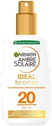 Garnier Ambre Solaire Ideal Bronze Protective Sun Cream Spray SPF20, High Sun Protection Factor 20, Uniform Glow & Tan, Water Resistant & Non Greasy Sunscreen, UVA & UVB Protection, 200ml