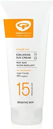 Green People Edelweiss Sun Cream SPF15 200ml | Natural, Organic Sunscreen with Tan Accelerator | Eczema Friendly, Sensitive Skin | Non Comedogenic, Non Greasy | Reef Safe, Cruelty Free | Face & Body