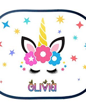 Personalised Unicorn Eyelashes Girl's Name Car Sun Shade Screen. Flowers and Gold Horn. Toddler, Kid, Child, Nursery Gift Idea 1