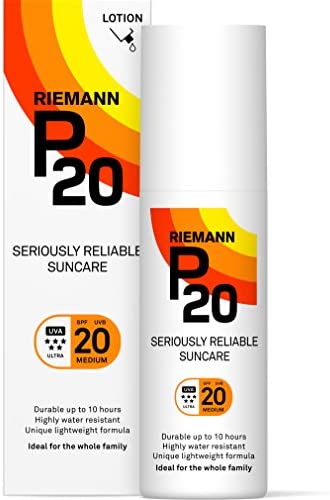 Riemann P20 Once a day Sunscreen SPF20 Cream/Lotion 100ml. Non greasy, hydrating, absorbs fast & long lasting, 5 star UVA & UVB, protection up to 10hrs, water resistant. No fragrance, all day long.