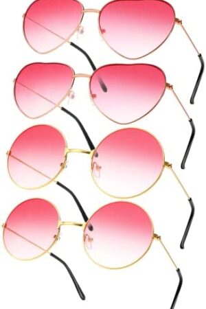 SEPGLITTER 4 Pairs Hippy Specs Glasses Funky Retro Glasses Gradient Pink Festival Rave Sunglasses ,Round Heart Shaped Sunglasses for Hippie Fancy Accessories for Women Men Valentines Party