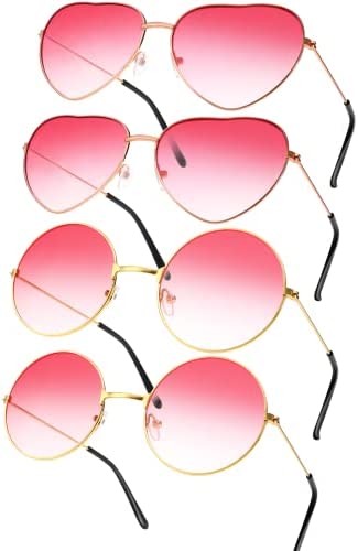 SEPGLITTER 4 Pairs Hippy Specs Glasses Funky Retro Glasses Gradient Pink Festival Rave Sunglasses ,Round Heart Shaped Sunglasses for Hippie Fancy Accessories for Women Men Valentines Party