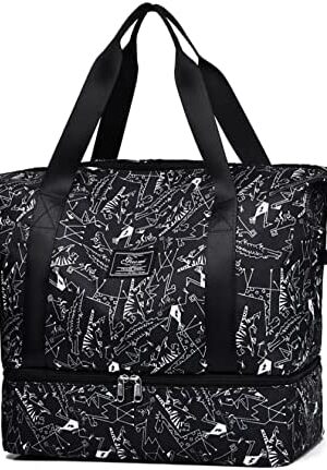 Travel Bag with Shoe Compartment,36L Large Capacity Weekend Bag Dry Wet Separated Overnight Bag Light Duffel Bag with Trolley Sleeve for Travel and Sports