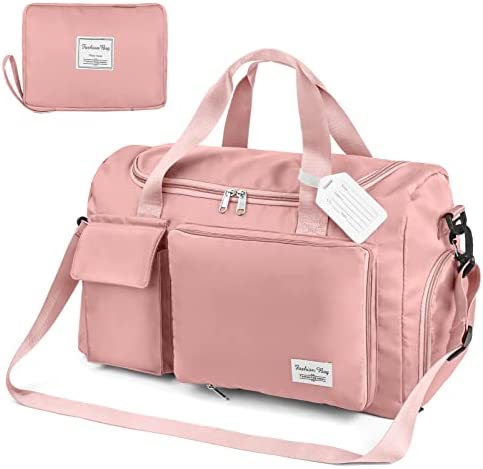 Travel Duffel Bag, Foldable Gym Bag Overnight Weekend Bags for Women, Lightweight Hospital Bag with Wet and Dry Separation Bag, Large Holdall Bag Cabin Bag for Sports and Travel - Pink