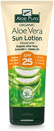 Aloe Pura, Organic Aloe Vera Sun Lotion SPF 25, Natural, Vegetarian, Cruelty Free, Paraben & SLS Free, Long-Lasting Shield, Medium Protection, 200ml